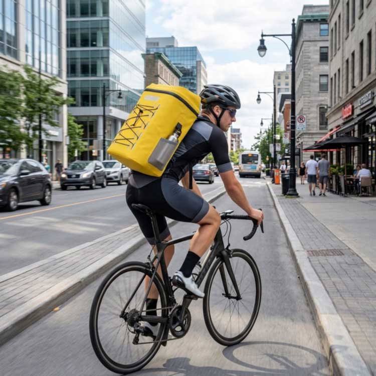 lightweight cooler backpack worn while cycling in city traffic, low-profile fit lightweight cooler backpack worn while cycling in city traffic, low-profile fit