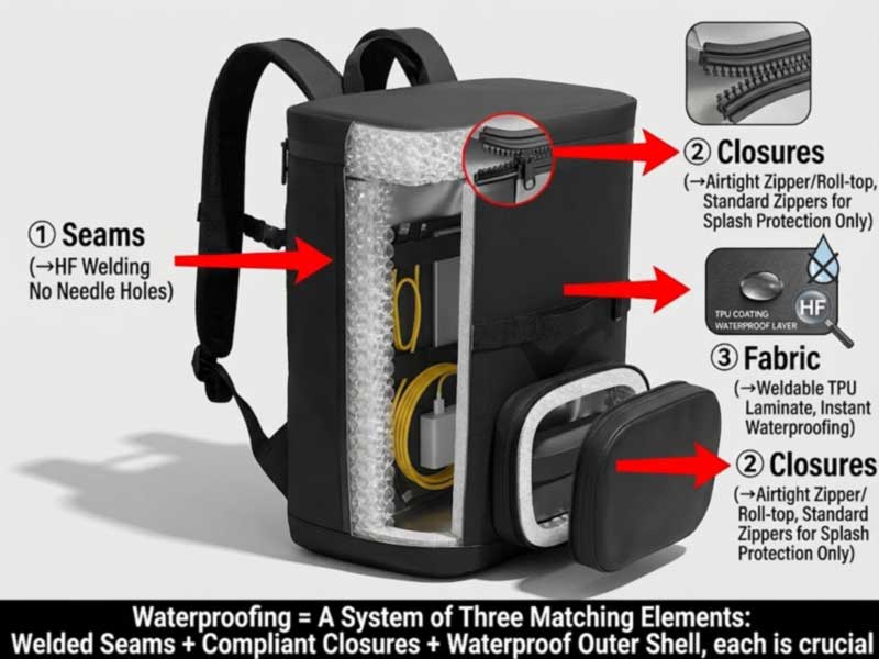 three water ingress paths into a cooler backpack — seams, closure, fabric — and how welding, a rated zipper and TPU address each